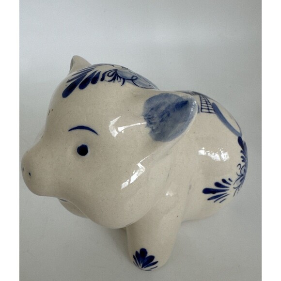 Vtg Delft Blue White Ceramic Hand Painted Piggy Bank Pig Holland Windmill Gift - Picture 7 of 16